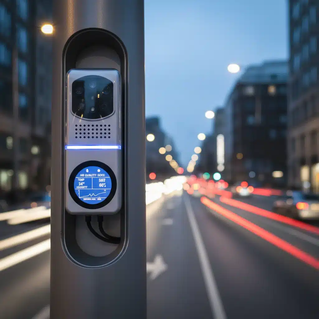Capteur intelligent intégré à un lampadaire de ville, collectant des données environnementales et gérant l'éclairage public.