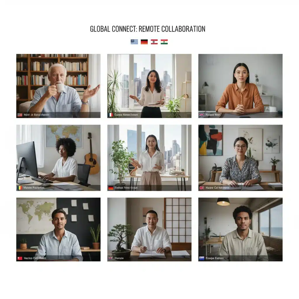 Professionnels collaborant à distance via visioconférence, reflétant la flexibilité du télétravail.