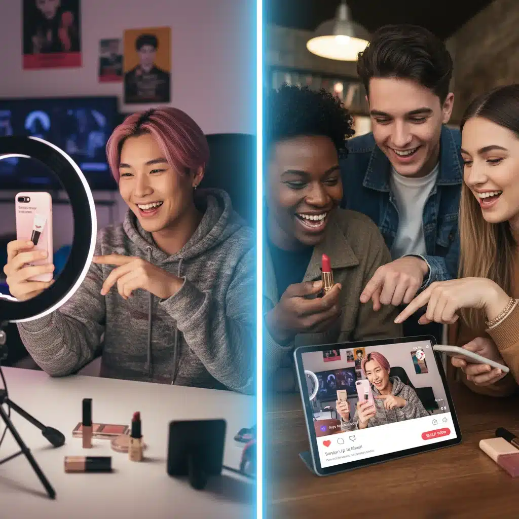 Jeune créateur de contenu et spectateurs engagés, illustrant l'essor du commerce social et du marketing d'influence.