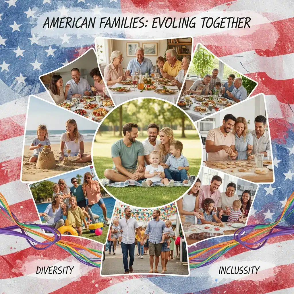 Collage illustrant la diversité et l'évolution des structures familiales américaines contemporaines, incluant des familles monoparentales, homoparentales et recomposées.