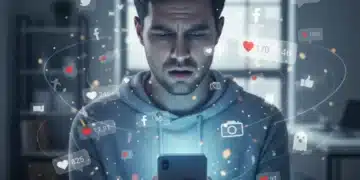 Personne stressée regardant son téléphone, icônes de médias sociaux en arrière-plan, symbolisant l'épuisement.