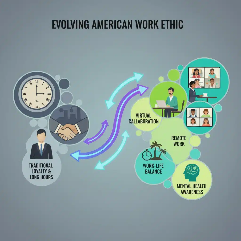 Graphique illustrant l'évolution de l'éthique du travail aux États-Unis, passant de la loyauté traditionnelle à la flexibilité, au télétravail et à l'équilibre vie pro-perso.