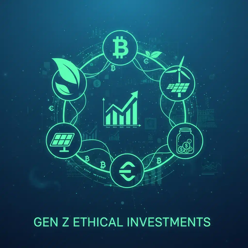 Visualisation numérique de la finance durable, montrant des liens entre les investissements et les objectifs environnementaux, reflétant les valeurs de la Gen Z.