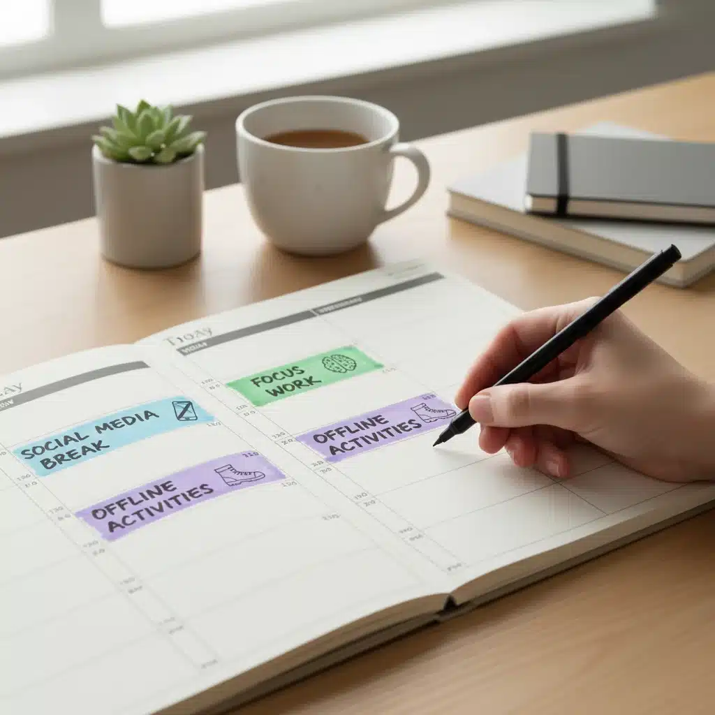 Calendrier avec des blocs de temps dédiés aux pauses numériques et aux activités hors ligne, illustrant la gestion du temps.