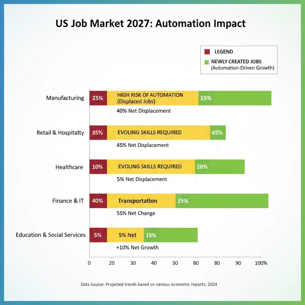 Graphique illustrant la projection des pertes et créations d'emplois aux États-Unis par secteur d'activité dues à l'automatisation d'ici 2027.