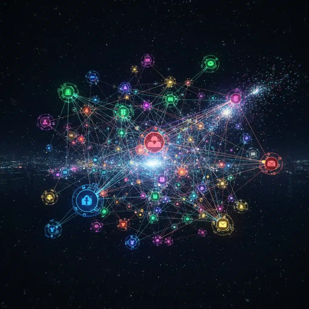 Réseau complexe de nœuds et de lignes illustrant l'interconnexion des communautés numériques