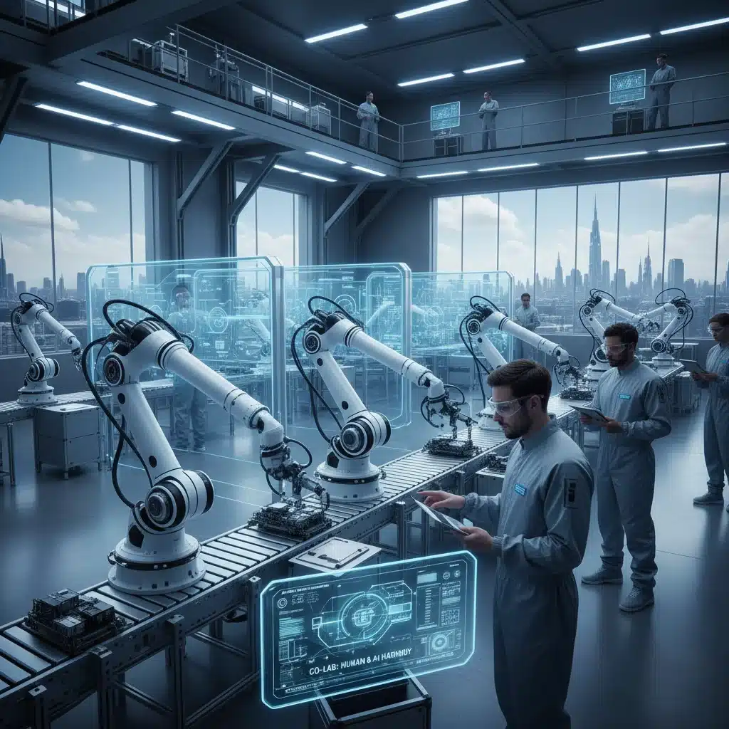 Robots industriels et techniciens humains collaborant dans une usine moderne, illustrant l'automatisation.