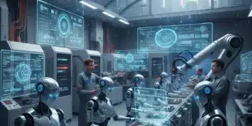 Robots et humains collaborant dans un environnement de travail futuriste, illustrant l'intégration de l'automatisation dans l'emploi américain.