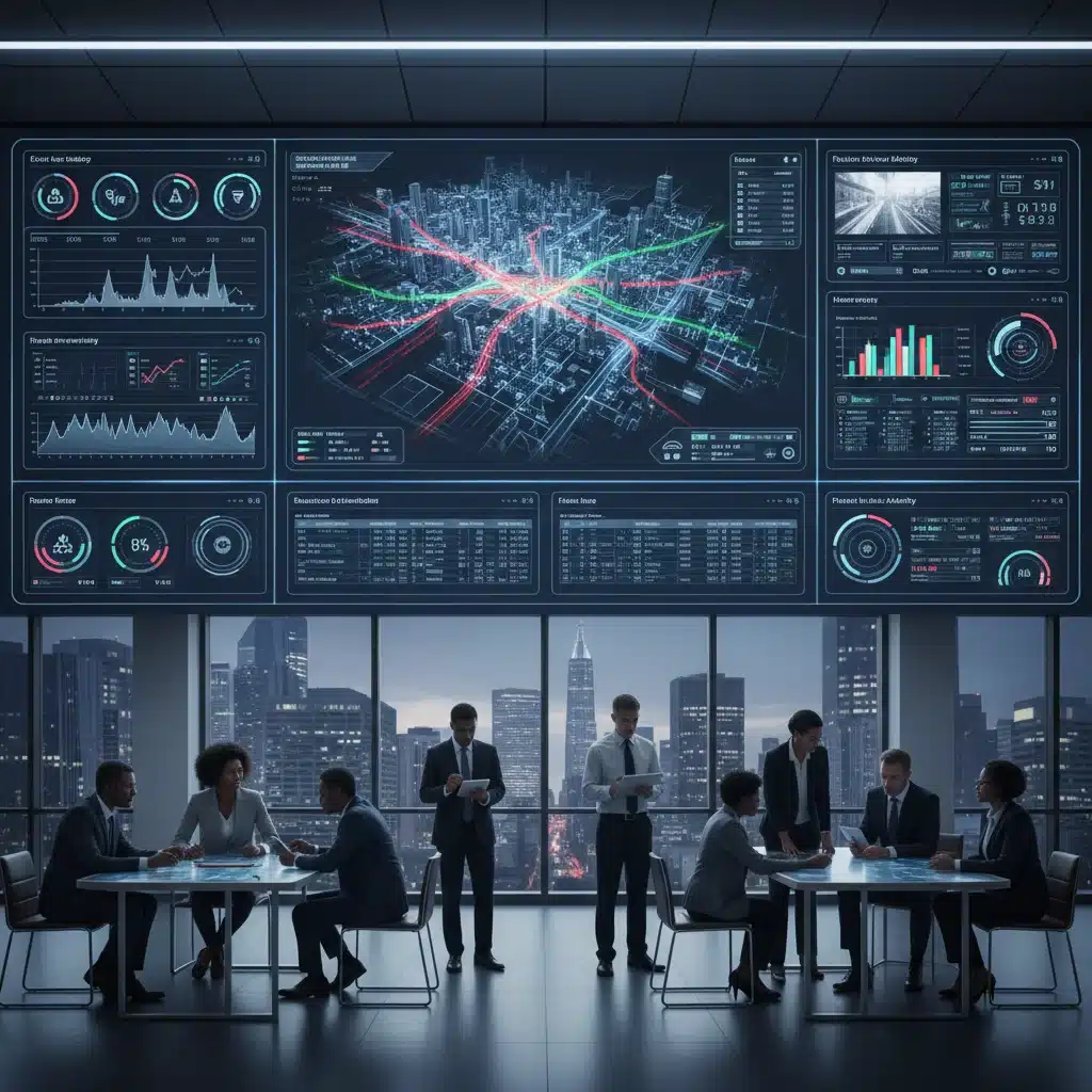 Tableau de bord affichant des visualisations de données urbaines en temps réel, avec des urbanistes et des scientifiques des données en collaboration.