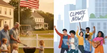 Illustration de la dualité entre les valeurs américaines traditionnelles (famille, banlieue) et modernes (diversité, technologie) en 2026.