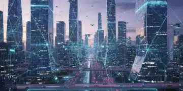 Paysage urbain futuriste avec des réseaux de données lumineux, des véhicules autonomes et des drones, symbolisant les villes intelligentes aux États-Unis.